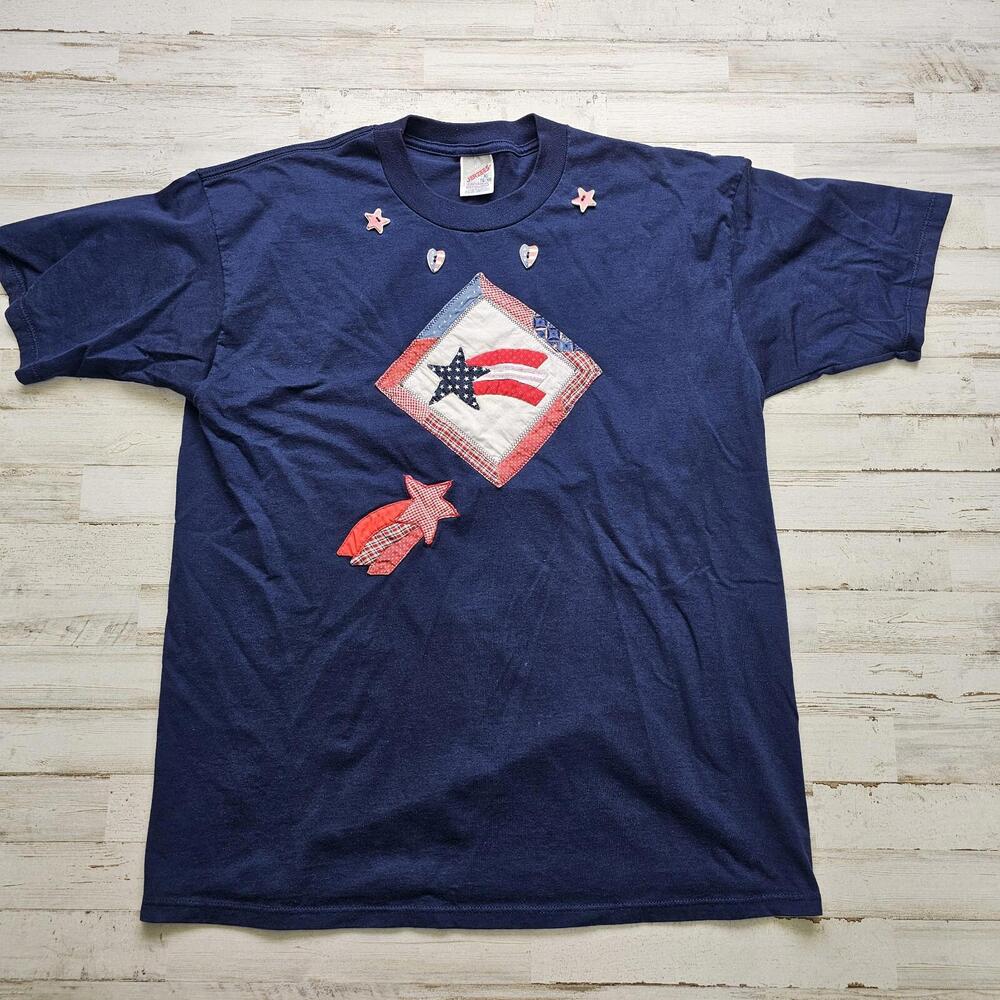 Vintage American Patriotic Patchwork Stars Red/White/Blue T-shirt XL Made USA